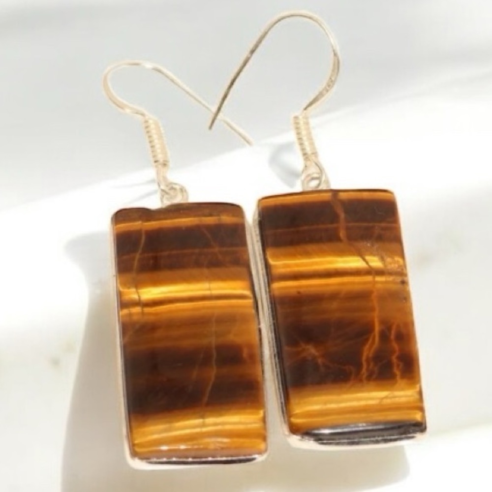 Tigers Eye 925 Sterling Silver Pierced Earrings, New